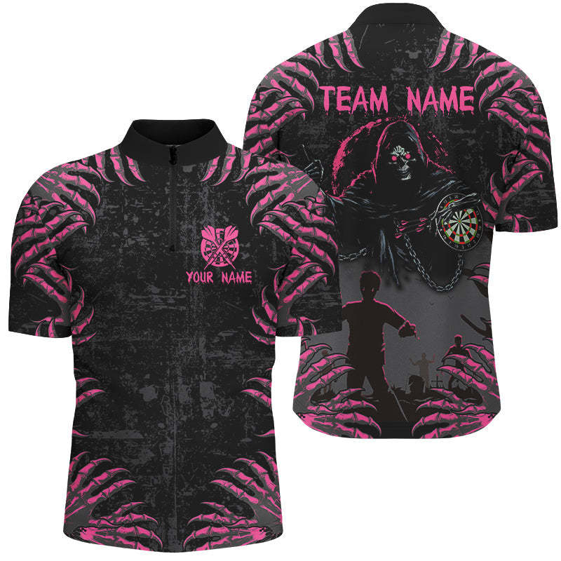 Individuelles Lustige Klauen Death Skeleton Dart Herren Shirt mit Viertelreißverschluss, Halloween Dart Trikot TDM2697