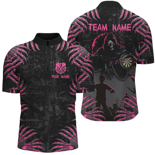 Individuelles Lustige Klauen Death Skeleton Dart Herren Shirt mit Viertelreißverschluss, Halloween Dart Trikot TDM2697