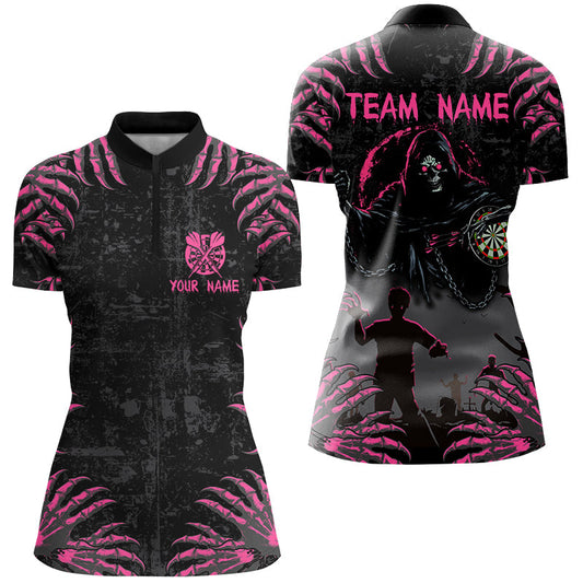 Individuelles Lustiges Klauen Todes-Skelett Dart Damen Quarter Zip Shirt, Halloween Dart Trikot TDM2697