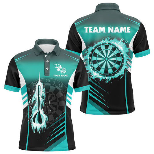 Individuelles Dart Feuer Pfeil Türkis Herren Dart Poloshirt, Flammen Dart Shirt Darttrikot TDM1407