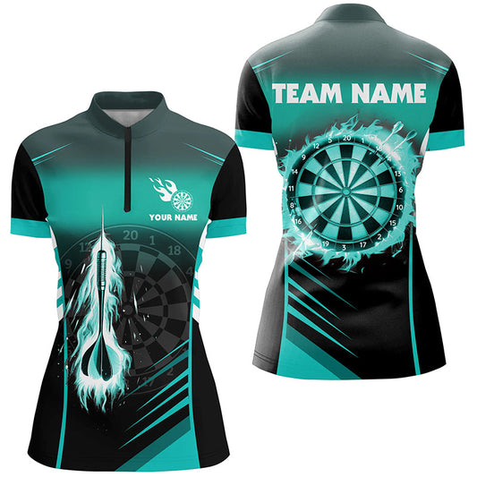 Individuelles Dart Fire Arrow türkises Damen Dart Quarter Zip Shirt, Flame Dart Shirt Darttrikot TDM1407