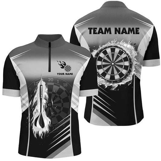 Dart Feuerpfeil Weißes Herren Dart Shirt mit Viertelreißverschluss, Flammen Dart Shirt Dart Trikot TDM1408