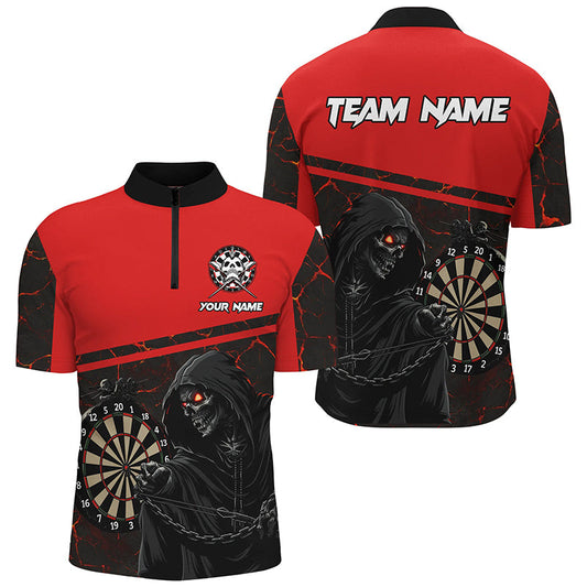 Totenschädel Rotes Dart Herren Shirt mit Viertelreißverschluss, Cooles Dart Trikot TDM1983