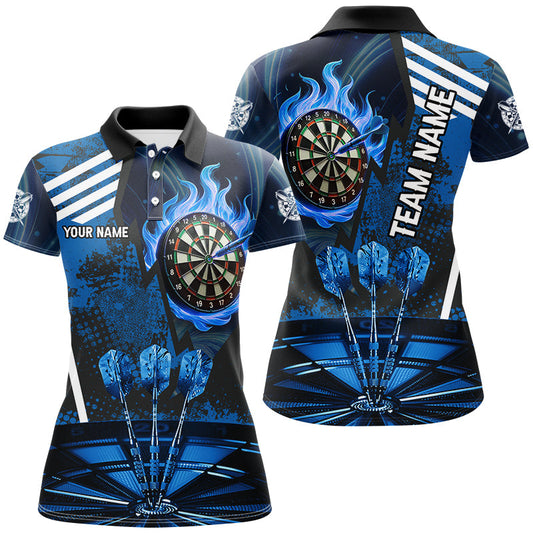 Blaues Feuer-Flammen-Dartboard-Shirt für Damen, personalisiertes Ligatrikot TDM2700