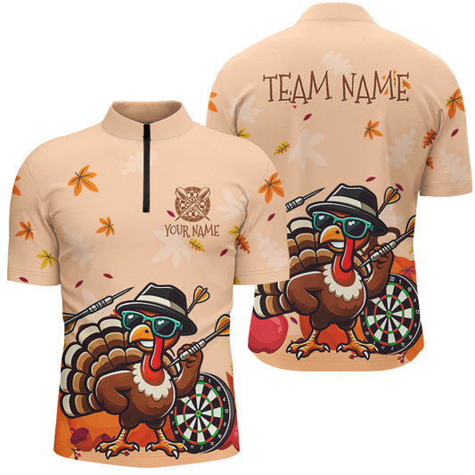 Individuelles Oranges Lustiger Truthahn Herbst Dart Herren Shirt mit Viertelreißverschluss, Erntedank Dart Trikot Geschenk TDM2704