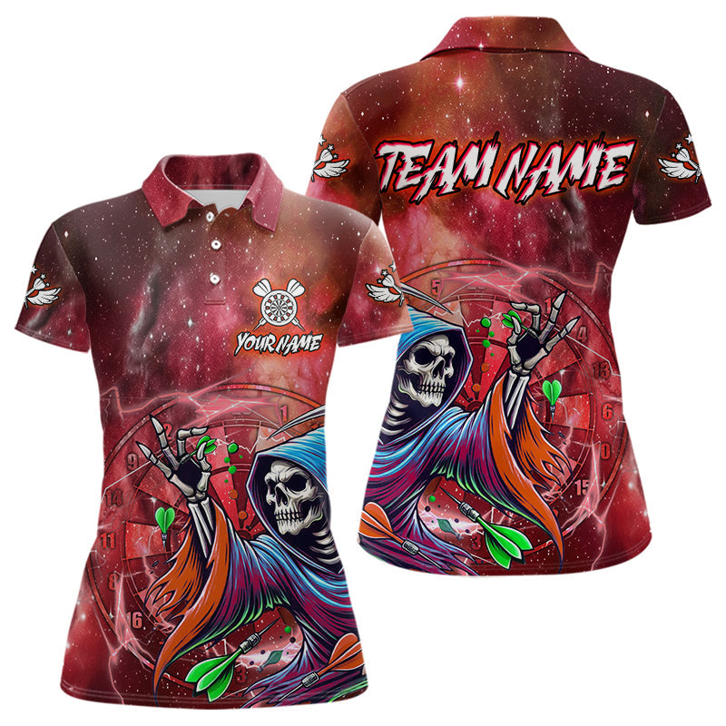 Individuelles Rote Galaxie Totenskelett Dart-Poloshirt für Damen – Lustige Dart Trikots TDM3880