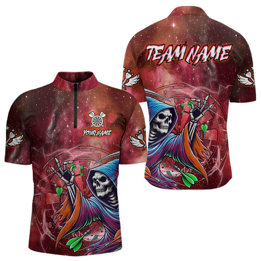 Individuelles Rote Galaxy Todes Skelett Dart Viertelreißverschluss Herren Shirt – Lustige Dart Trikots TDM3880