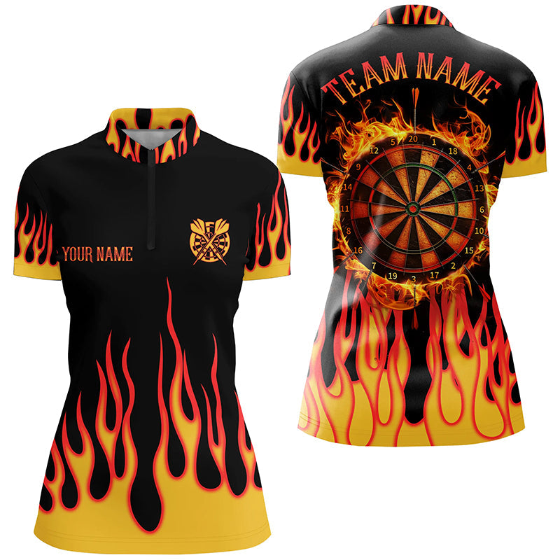 Individuelles oranges Dartboard Fire Flame Dart Quarter Zip Shirt für Damen, Dart Teamtrikot TDM1786