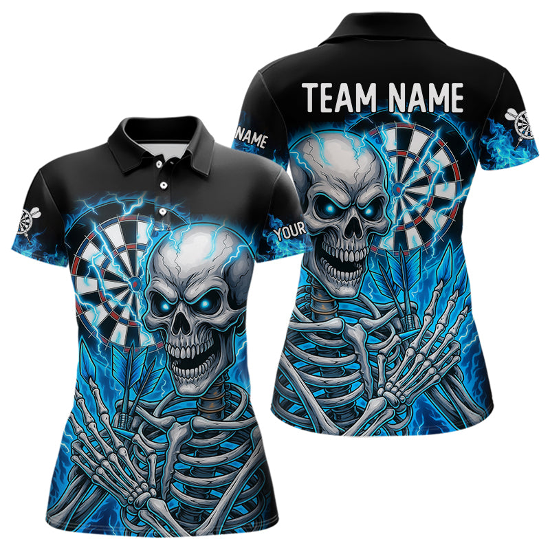 Blaues Flaming-Lightning Skelett-Dartshirt Für Damen – Teamtrikot Polo & Quarter Zip TDM4344