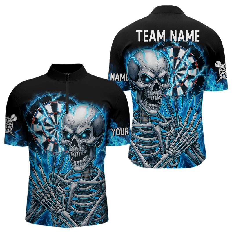 Blaues Flaming-Lightning Skelett-Dartshirt Für Herren – Teamtrikot Polo & Quarter Zip TDM4344