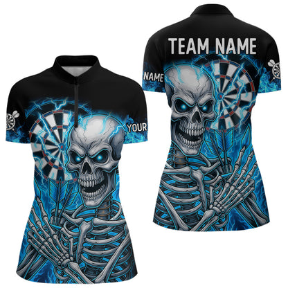 Blaues Flaming-Lightning Skelett-Dartshirt Für Damen – Teamtrikot Polo & Quarter Zip TDM4344