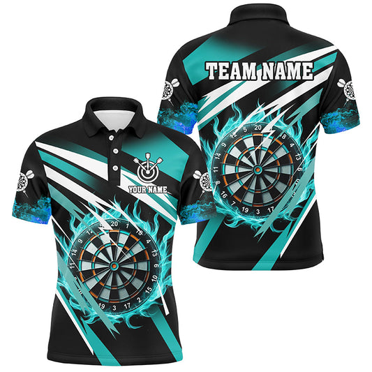 Individuelles türkisfarbenes Dartbrett-Feuer-Dart-Poloshirt für Herren, Dart-Team-Uniformtrikot TDM2956