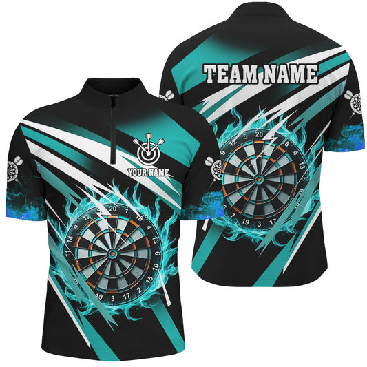 Individuelles Türkises Darts Board Fire Dart Herren Shirt mit Viertelreißverschluss, Dart Trikot Uniform TDM2956