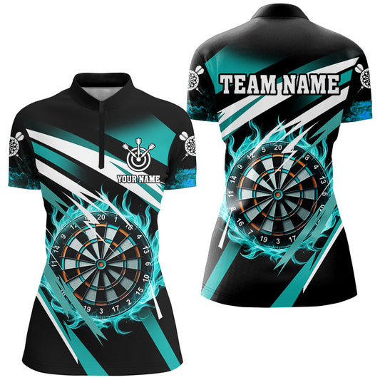 Individuelles Türkises Dartboard Feuer Dart Damen Quarter Zip Shirt, Dart Trikot Uniform TDM2956