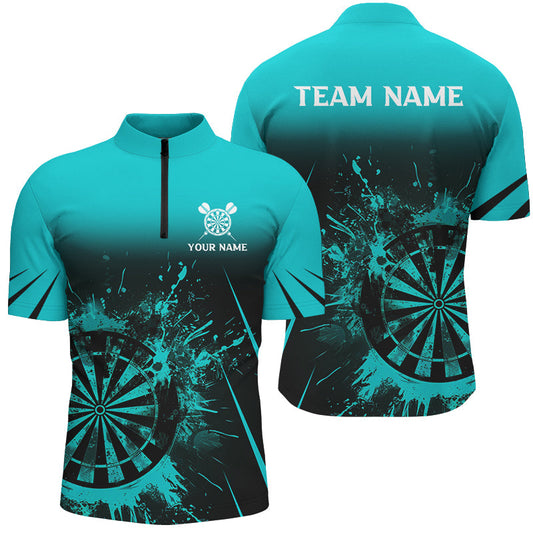 Individuelles Türkises Grunge Dart Herren Shirt mit Viertelreißverschluss, Retro Dart Trikot Team Board Uniform TDM2960