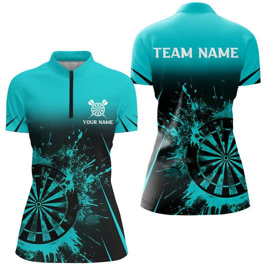 Individuelles Türkises Grunge Dart Damen Quarter Zip Shirts, Retro Dart Team Board Uniform Trikot TDM2960