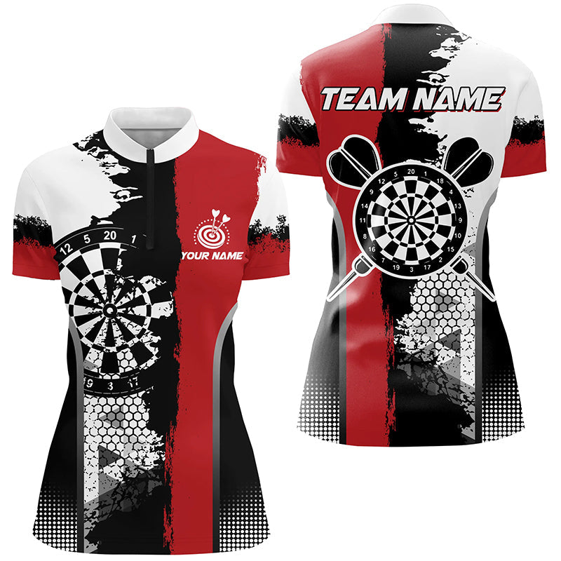 Individuelles Schwarz-Rot Grunge Style Damen Quarter Zip Shirt, Dart Team Trikot TDM1215