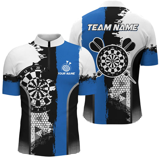 Individuelles Schwarz-Blaues Grunge Stil Herren Shirt mit Viertelreißverschluss, Dart Team Trikot TDM1216