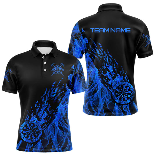 Individuelle schwarz-blaue Flammen-Dartbrett-Dart-Poloshirts für Herren, Darttrikots TDM3706