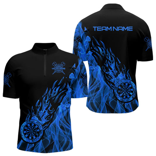Individuelles Schwarz und Blau Flamme Dartboard Darts Viertelreißverschluss Shirts Herren, Dart Trikots TDM3706