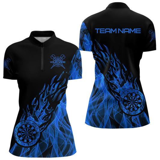 Individuelles Schwarz-Blau Flamme Dartbrett Darts Damen Quarter Zip Shirt, Dart Trikots TDM3706
