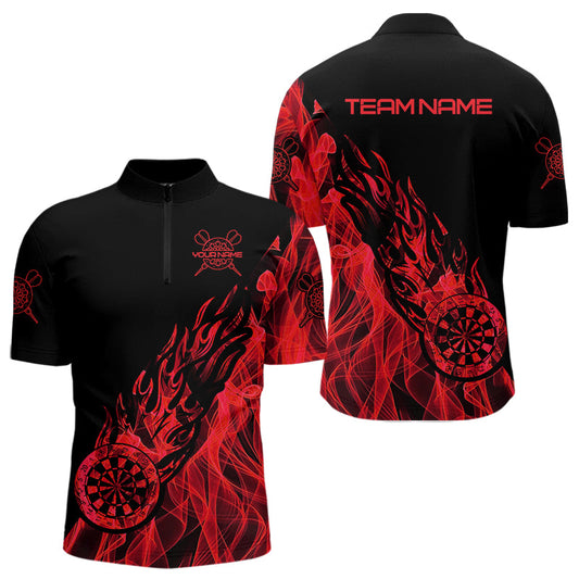Individuelles Schwarz und Rot Flamme Dartboard Darts Viertelreißverschluss Shirts Herren, Dart Trikots TDM3707