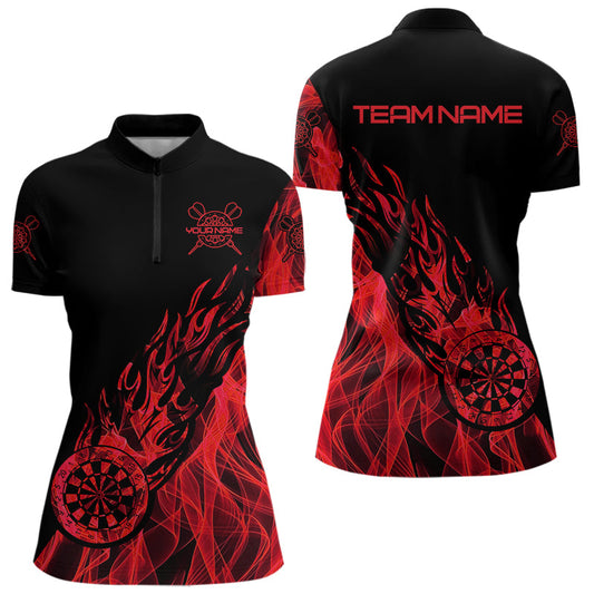 Individuelles Schwarz-Rot Flamme Dartbrett Darts Damen Quarter Zip Shirt, Dart Trikots TDM3707