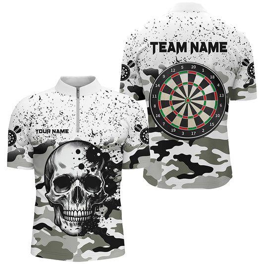 Individuelles Black White Grunge Camo Totenschädel Dart Herren Shirt mit Viertelreißverschluss, Dart Team Trikot TDM1994