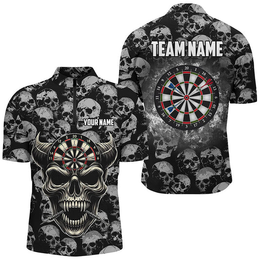 Individuelles Retro Skull Muster Dart Herren Shirt mit Viertelreißverschluss, Lustiges Dart Trikot Team TDM2472