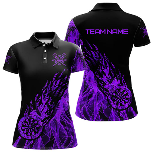 Individuelles Schwarz-Lila Dartbrett Feuerflamme Poloshirt für Damen, Darts-Shirt Dart-Trikot TDM3409