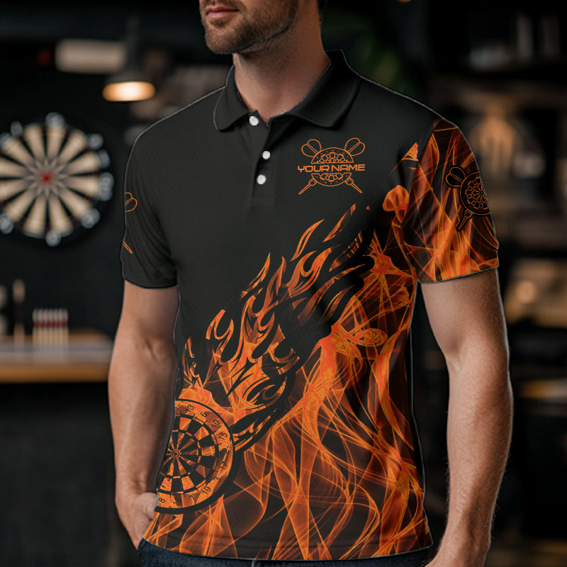 Schwarz Und Orange Dartboard Feuerflamme Darts Polo, Viertelreißverschluss Maßgeschneidertes Dartshirt Für Herren TDM3410
