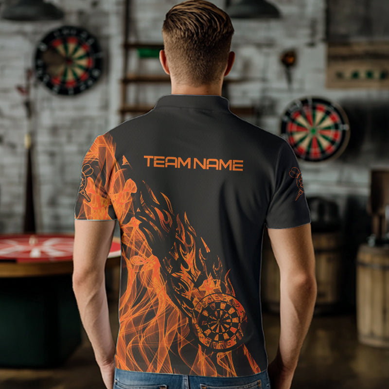 Schwarz Und Orange Dartboard Feuerflamme Darts Polo, Viertelreißverschluss Maßgeschneidertes Dartshirt Für Herren TDM3410