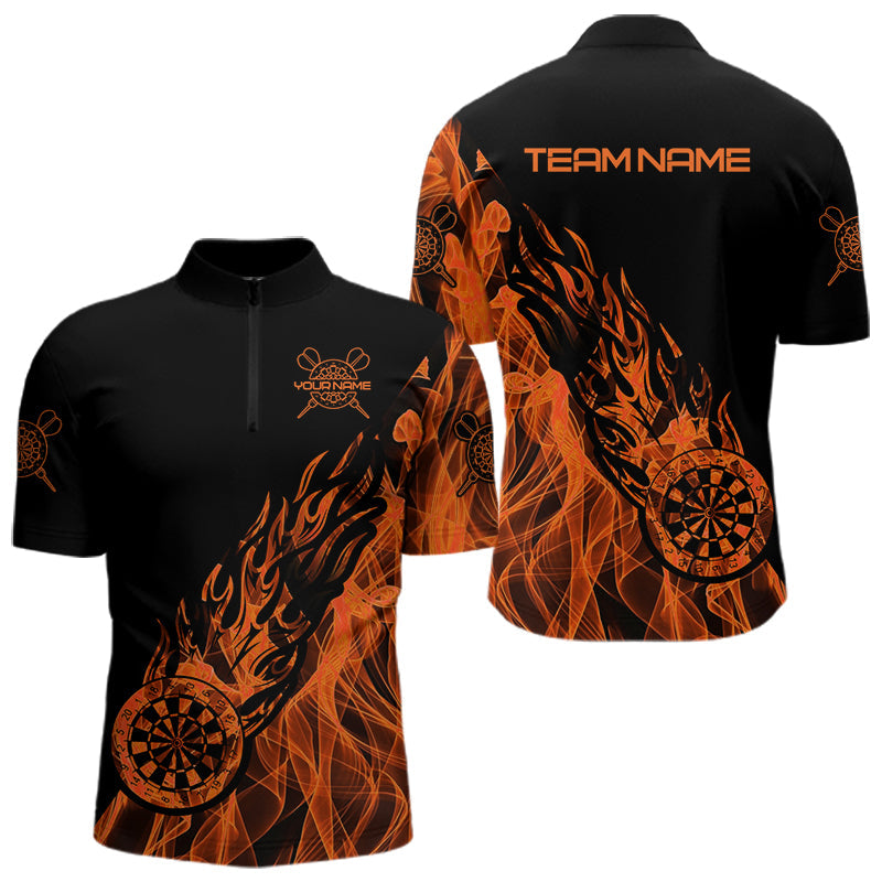 Schwarz Und Orange Dartboard Feuerflamme Darts Polo, Viertelreißverschluss Maßgeschneidertes Dartshirt Für Herren TDM3410