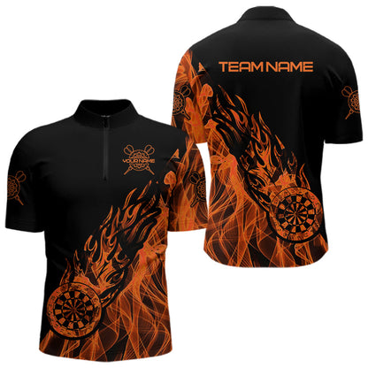 Schwarz Und Orange Dartboard Feuerflamme Darts Polo, Viertelreißverschluss Maßgeschneidertes Dartshirt Für Herren TDM3410
