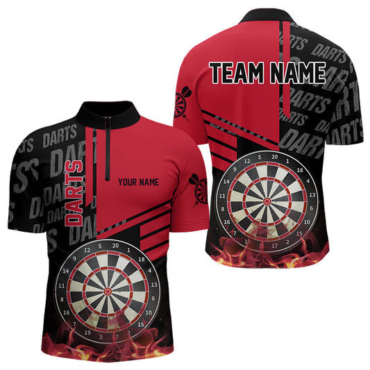 Individuelles Schwarz und Rot Feuer Dart Herren Shirt mit Viertelreißverschluss, Dart Shirt Dart Trikot TDM3412