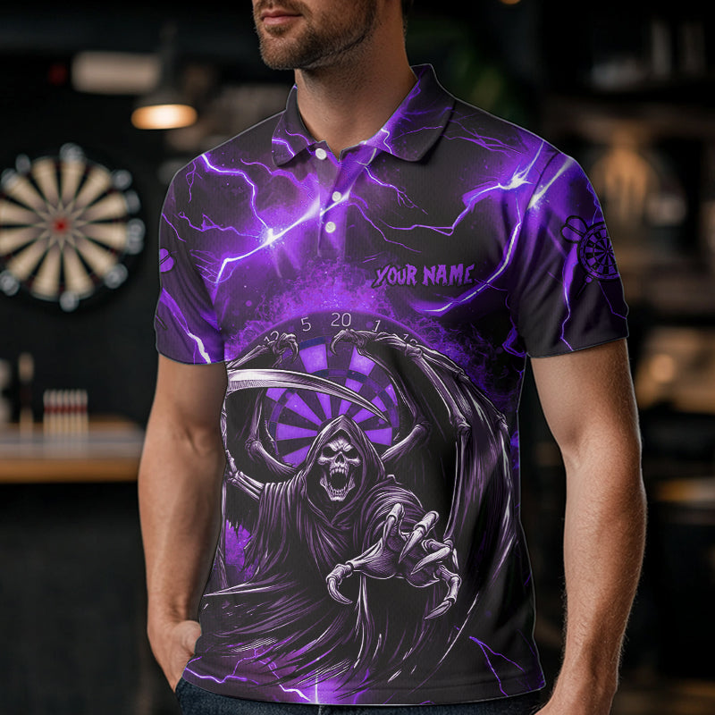 Lila Todes-Skelett Maßgeschneiderte Donner Blitz Herren Dartshirts, 3D Darts Teamtrikots TDM3550