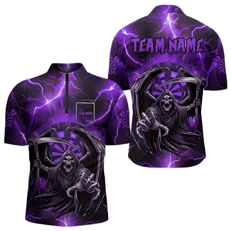Lila Todes-Skelett Maßgeschneiderte Donner Blitz Herren Dartshirts, 3D Darts Teamtrikots TDM3550