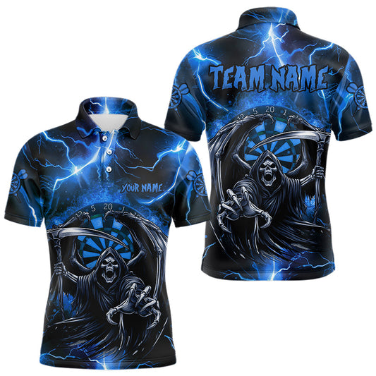 Personalisierte Blauer Todes-Skelett Donner Blitz Herren Dartshirts, 3D Darts Teamtrikots TDM3551