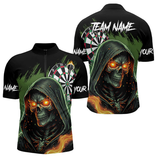 Individuelles Grün Tod Skeleton Feuer Dart Viertelreißverschluss Herren Shirt – Skull Dart Trikot TDM3711