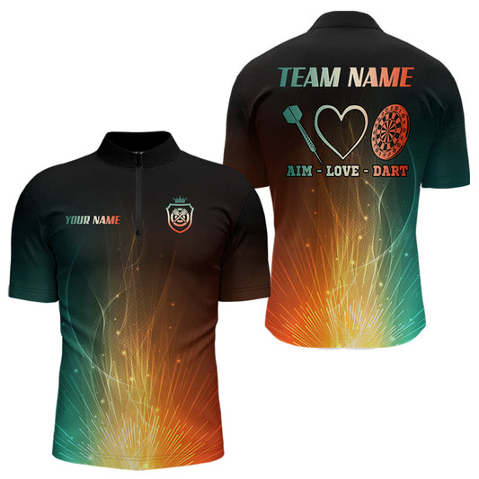 Individuelles Feuer Leuchtendes Licht Ziel Liebe Dart Viertelreißverschluss Herren Shirt – Lustige Dart Trikots TDM3713