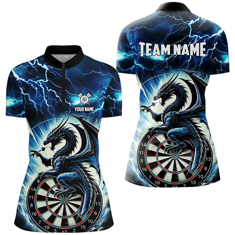 Individuelles Blitz Donner Drache Dart Damen Quarter Zip Shirt, Blaues Dart Team Trikot TDM2477