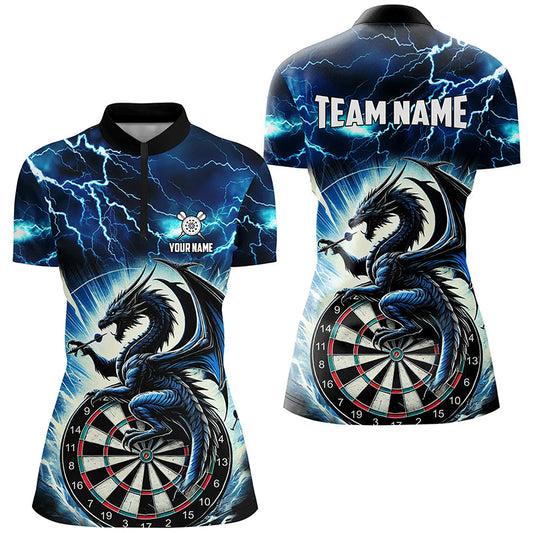 Individuelles Blitz Donner Drache Dart Damen Quarter Zip Shirt, Blaues Dart Team Trikot TDM2477