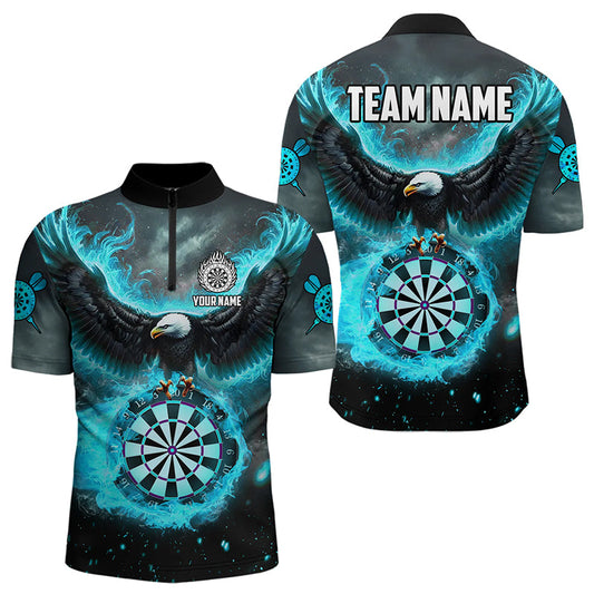 Individuelles Blau Cyan Feuerflamme Dartboard Adler Dart Herren Shirt mit Viertelreißverschluss, Dart Trikot TDM3220
