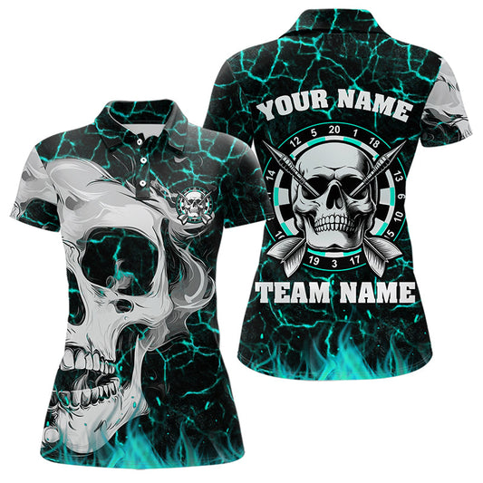 Individuelles Türkises Leuchtendes Riss-Schädel Poloshirt für Damen, Darts-Shirt Dart-Trikot TDM3416