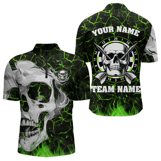 Individuelles Grün Leuchtendes Feuer Riss Skull Dart Herren Shirt mit Viertelreißverschluss, Dart Shirt Dart Trikot TDM3418