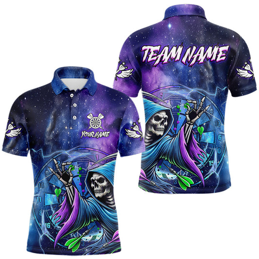 Individuelles Tod-Skelett-Blau-Lila-Galaxie-Dart-Poloshirt für Herren, leuchtendes Darttrikot TDM3561