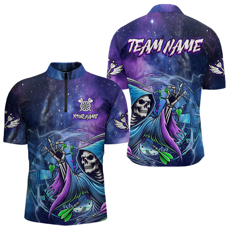 Individuelles Todesskelett Blau Lila Galaxie Dart Viertelreißverschluss Herren Shirt, Leuchtendes Dart Trikot TDM3561