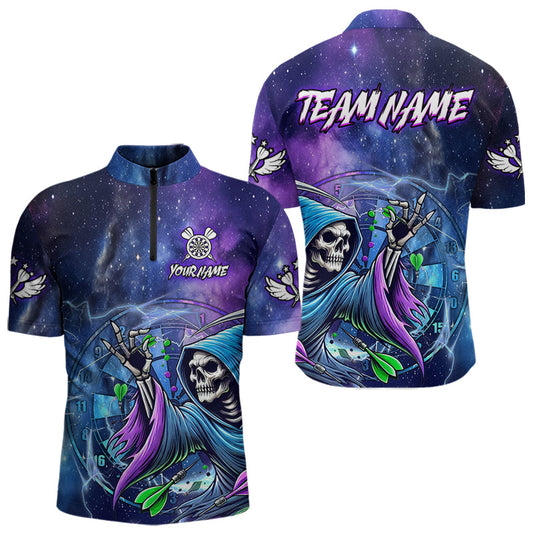 Individuelles Todesskelett Blau Lila Galaxie Dart Viertelreißverschluss Herren Shirt, Leuchtendes Dart Trikot TDM3561