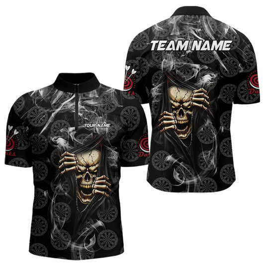 Individuelles Skull Dartboard Rauchmuster Schwarz Dart Viertelreißverschluss Herren Shirt – Dart Trikots TDM3720