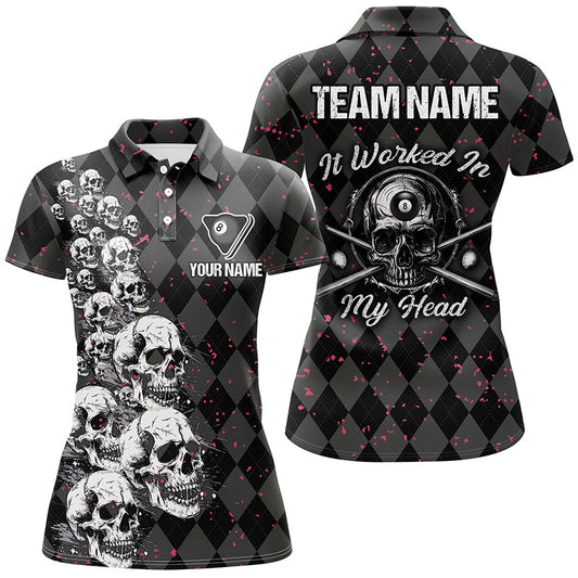 Grunge-Schädel „Es hat in meinem Kopf funktioniert“ Poloshirt für Poolspielerinnen, individuelles 8-Ball-Shirt TDM1811